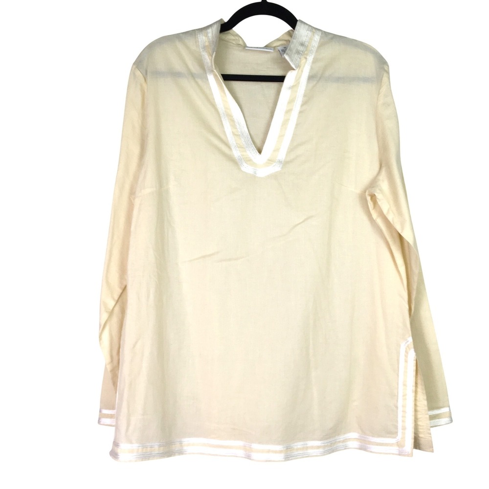 For The Republic Ribbon Trim Cotton V-Neck Tunic XL Pale Yellow